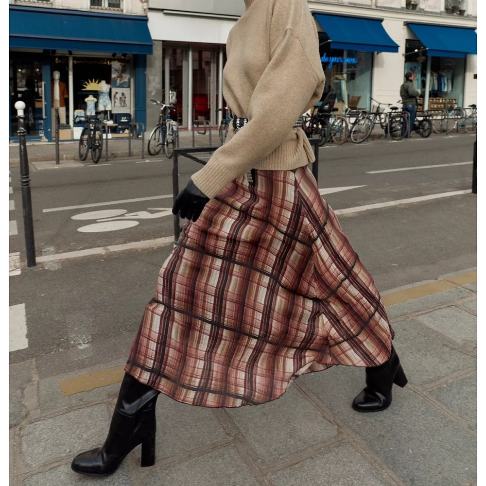 Plaid Wrinkled-Effect Midi Skirt, Brown/Ecru, Zara, S, NWT